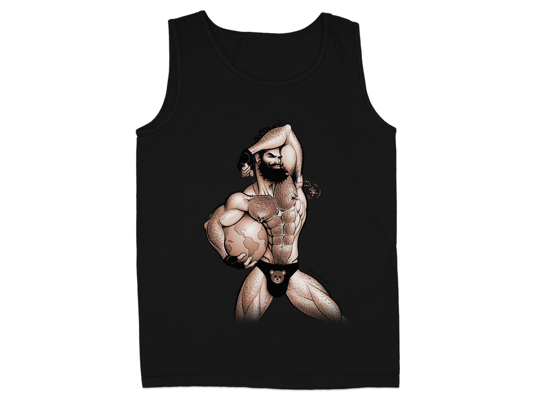 Muscular Hero Graphic Design on Black Tank Top Product