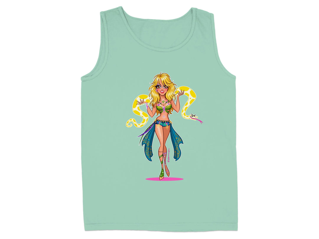 Blonde woman with snake and clothes tank top product type