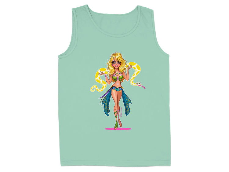 Blonde woman with snake and clothes tank top product type