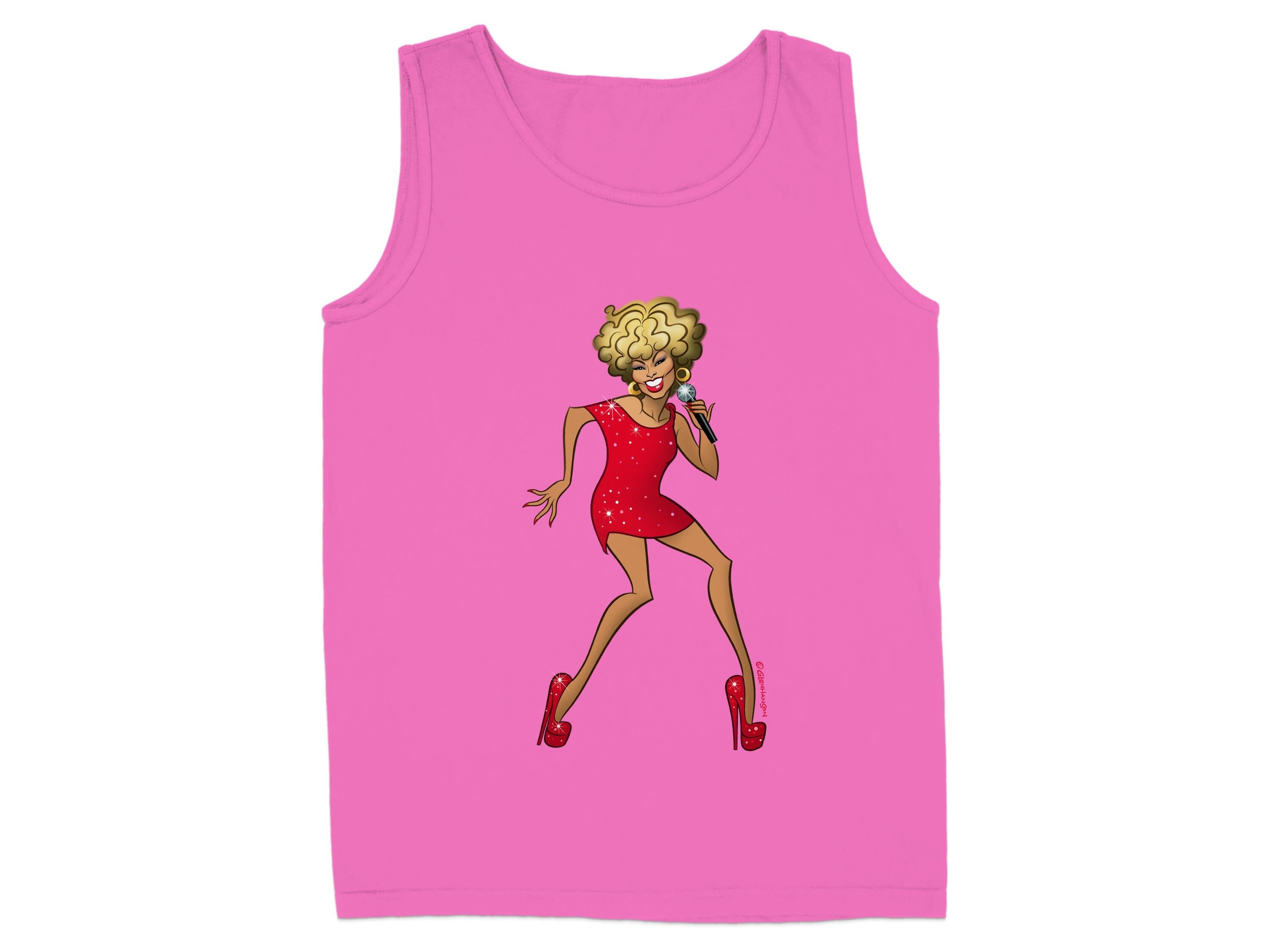 Vibrant cartoon figure in red dress pink tank top product type