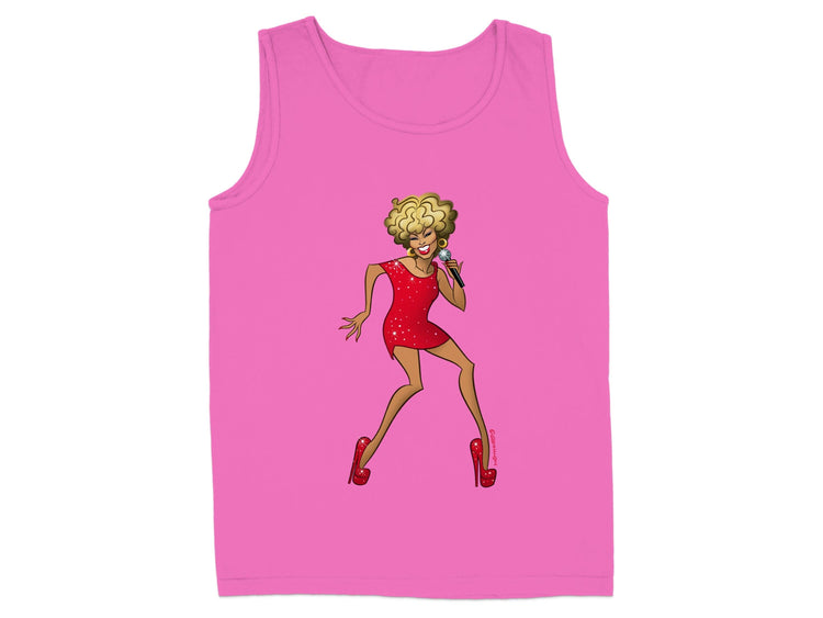 Vibrant cartoon figure in red dress pink tank top product type