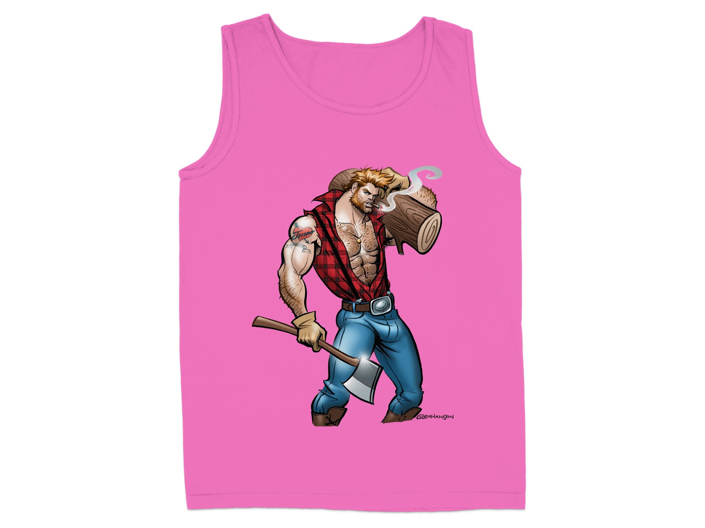 Pink Tank Top with Muscular Lumberjack Graphic product type