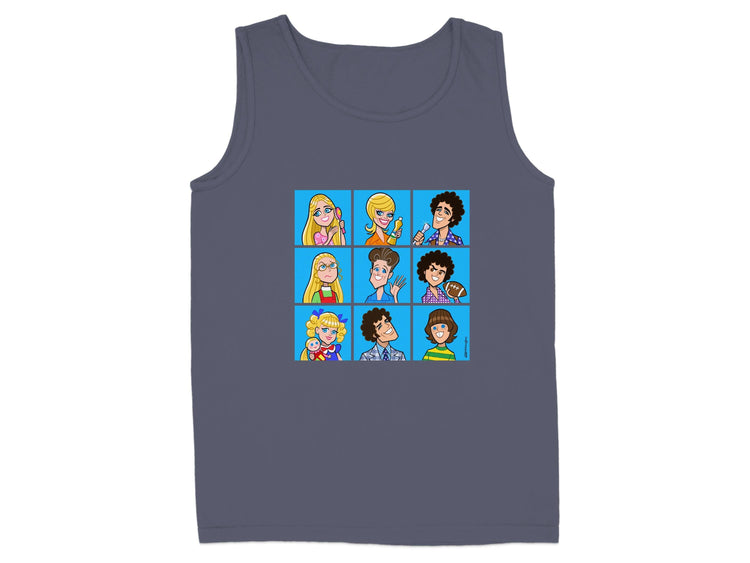 Vibrant Cartoon Character Grid on Grey Tank Top product type